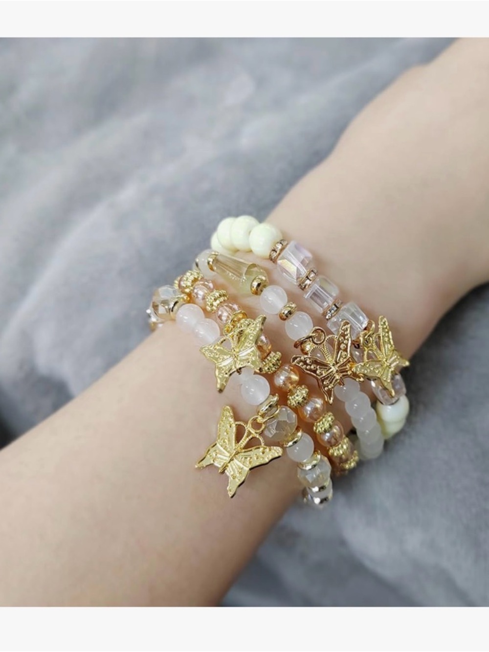 Boho Gold Butterfly Charm Beaded Bracelet Set Stack Cream Amber 4PC Stretch New - Picture 10 of 12